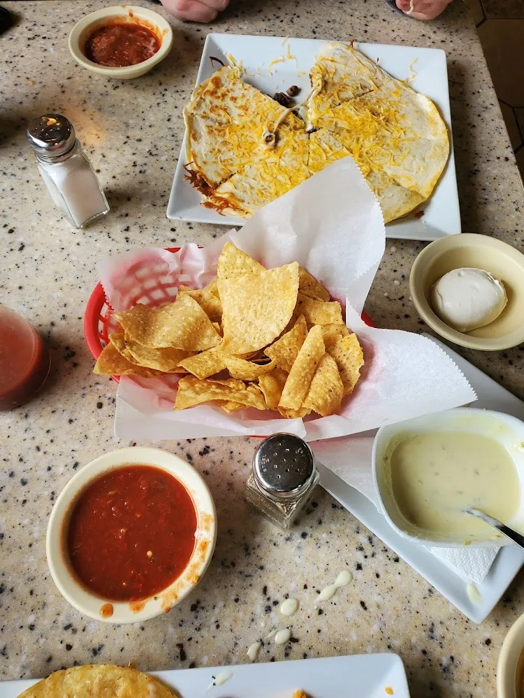 Chips Queso Salsa and Steak Quesadilla